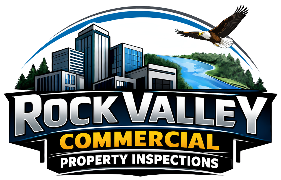 Rock Valley Commercial Property Inspections logo featuring commercial buildings, river landscape, and eagle symbolizing thorough commercial inspections